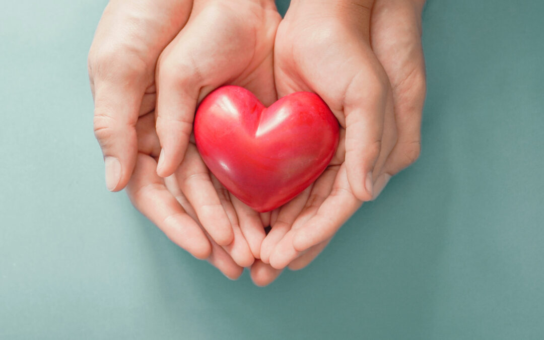 Adult and child hands holding Red heart , heart health, donation